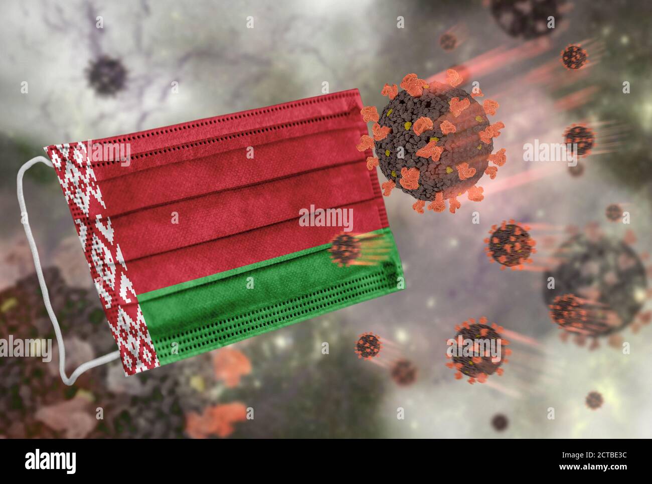 Maschera con bandiera della Bielorussia, difensore del coronavirus Foto Stock