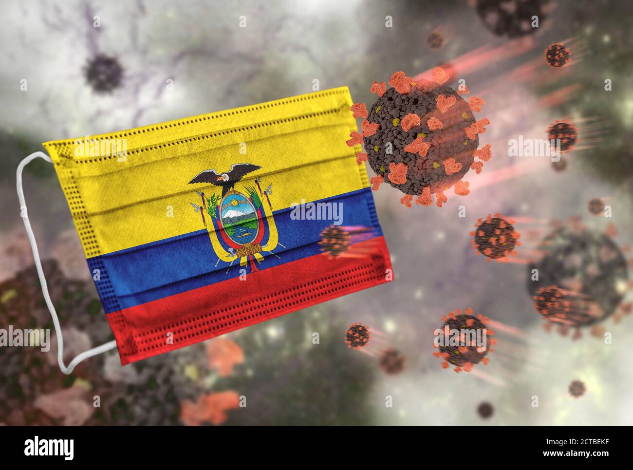 Maschera facciale con bandiera dell'Ecuador, difensore del coronavirus Foto Stock