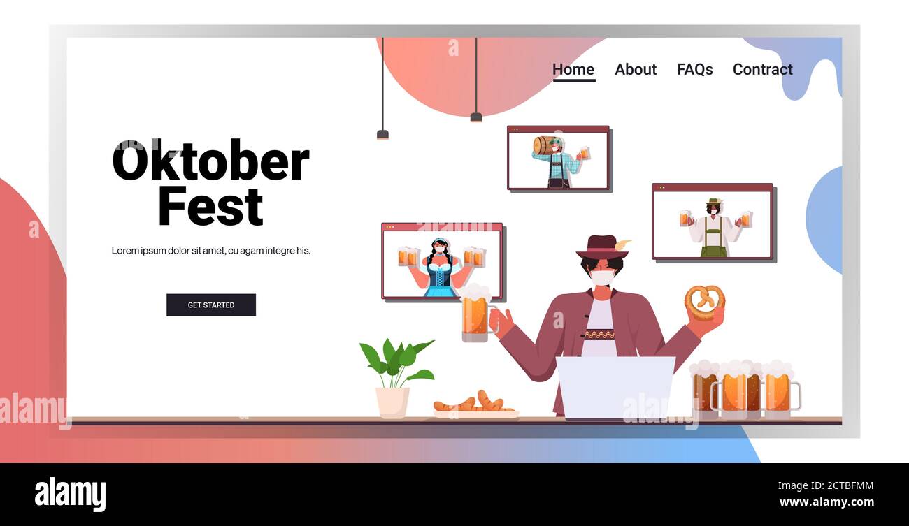 uomo in maschera bere birra discutere con amici di gara mix Durante la videochiamata Oktoberfest festa celebrazione coronavirus quarantena auto isolamento illustrazione vettoriale orizzontale dello spazio di copia Illustrazione Vettoriale