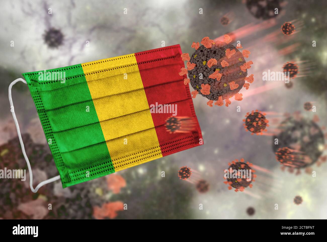 Maschera facciale con bandiera del Mali, difensore del coronavirus Foto Stock