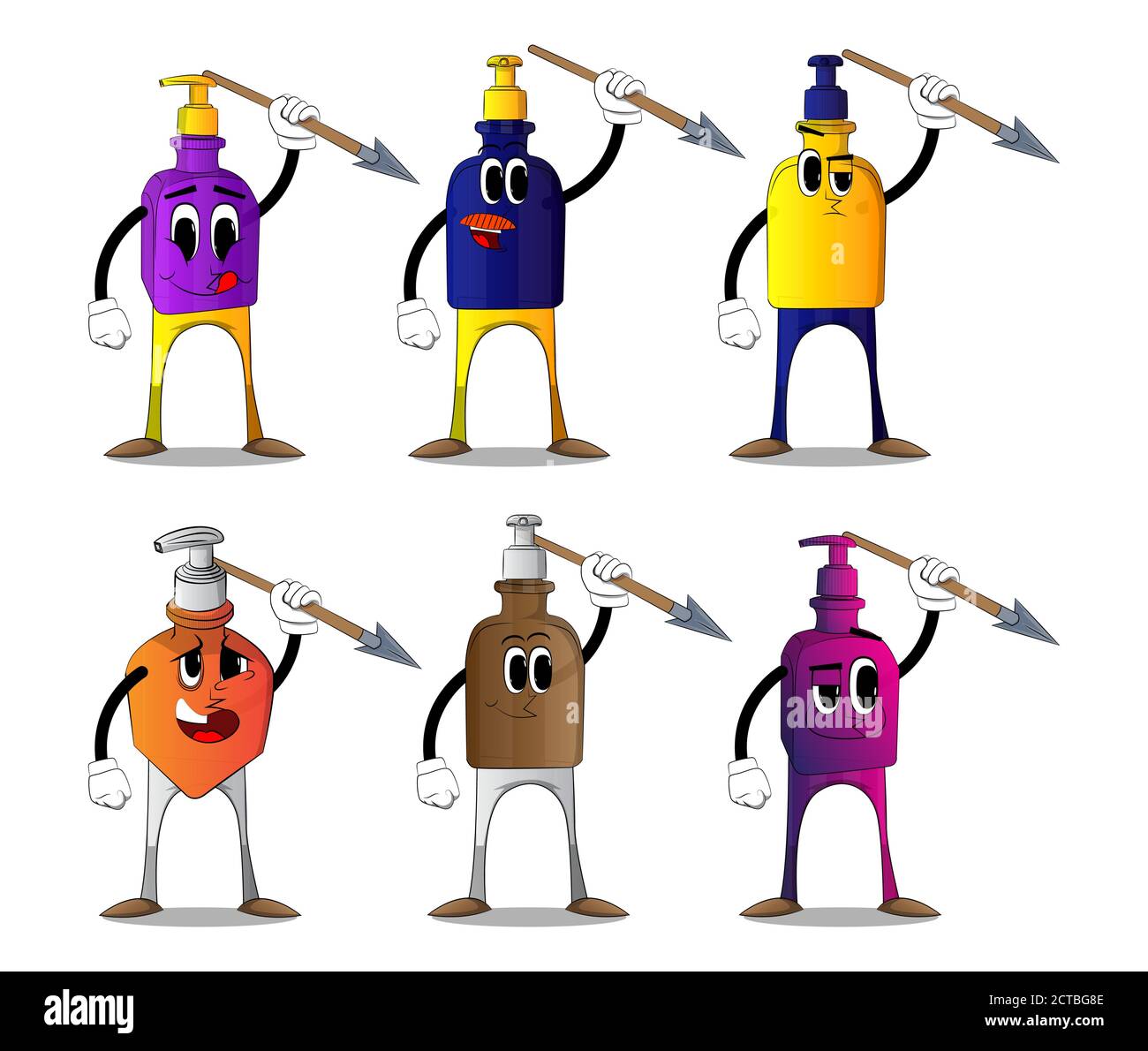 Bottiglietta cartoon di gel igienizzante per mani per l'igiene con lancia per il viso in mano. Illustrazione Vettoriale