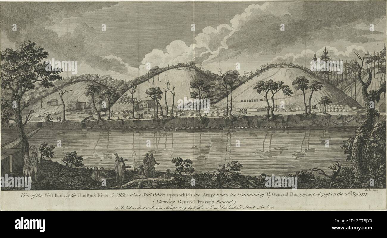 Vista della riva occidentale del fiume Hudson, a 3 miglia sopra l'acqua still, su cui l'esercito sotto il comando del Lt. Generale Burgoyne prese posto il 20 settembre 1777 (il funerale del Generale Fraser), immagine still, 1775 - 1890 Foto Stock