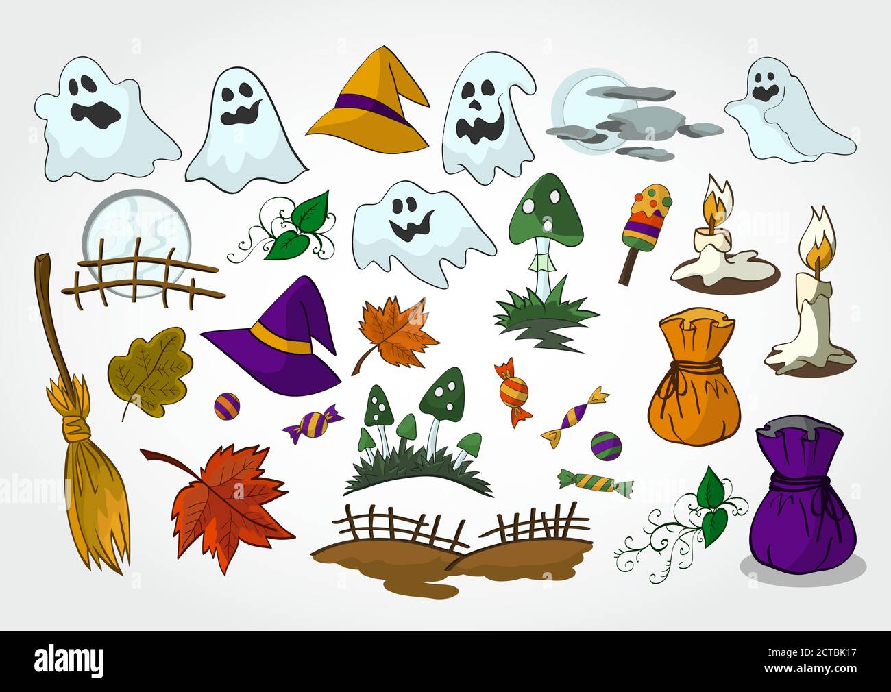 Insieme vettoriale di oggetti Halloween per design, elementi e creature.colored. Illustrazione Vettoriale