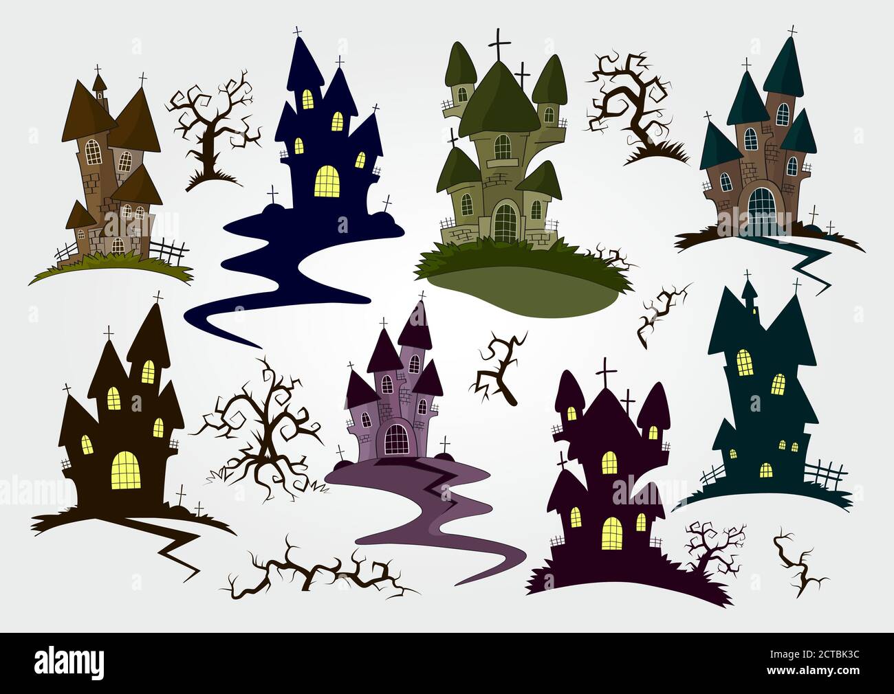 Insieme vettoriale di oggetti ed elementi di Halloween per il design: Castelli e alberi. Colorato. Illustrazione Vettoriale