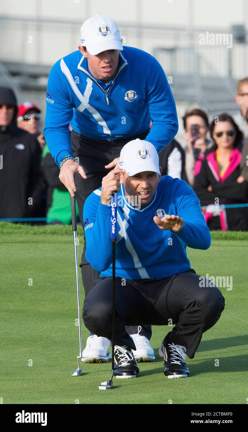 Rory McIlroy e Sergio Garcia la Ryder Cup 2014 Gleneagles, Perthshire. Credito immagine : Mark Pain / Alamy Foto Stock