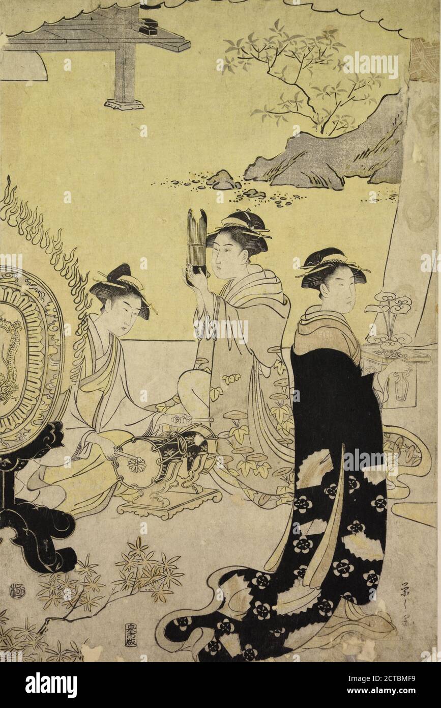 Due Signore che suonano su antichi strumenti musicali, e una terza che porta un vassoio con una pianta aoi che sta portando al principe Genji, che è raffigurato nel foglio a destra, immagine fissa, stampe, 1791 Foto Stock