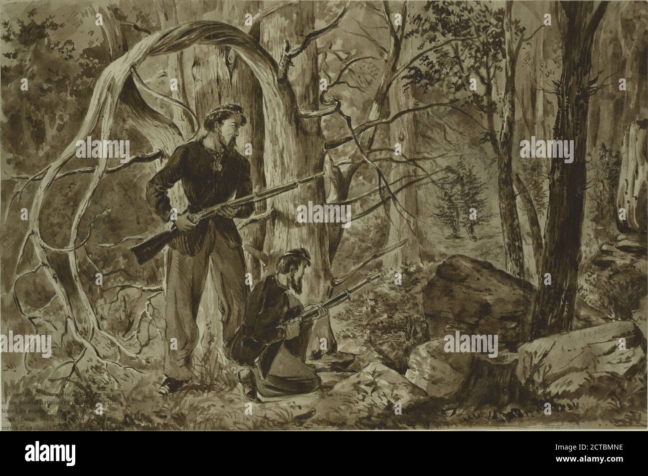 Stallando il nemico nella foresta; due soldati che guardano i soldati nemici in camuffamento, a Chattanooga, Ten. Novembre 11, 1863, immagine fissa, schizzi, 1861 - 1864, Hillen, J. T. e Foto Stock