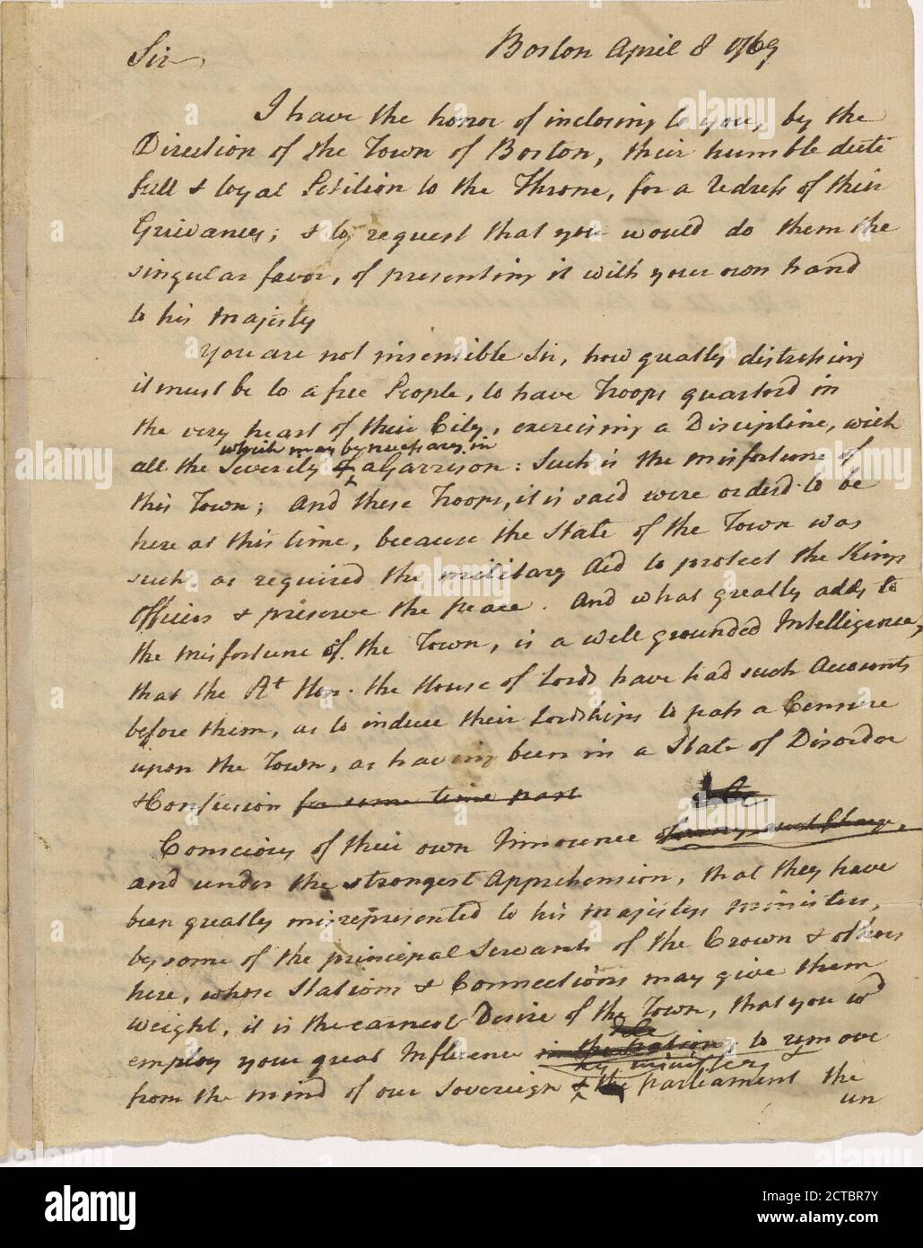 Lettera a Isaac Barré, testo, corrispondenza, 1769, Adams, Samuel, 1722-1803 Foto Stock