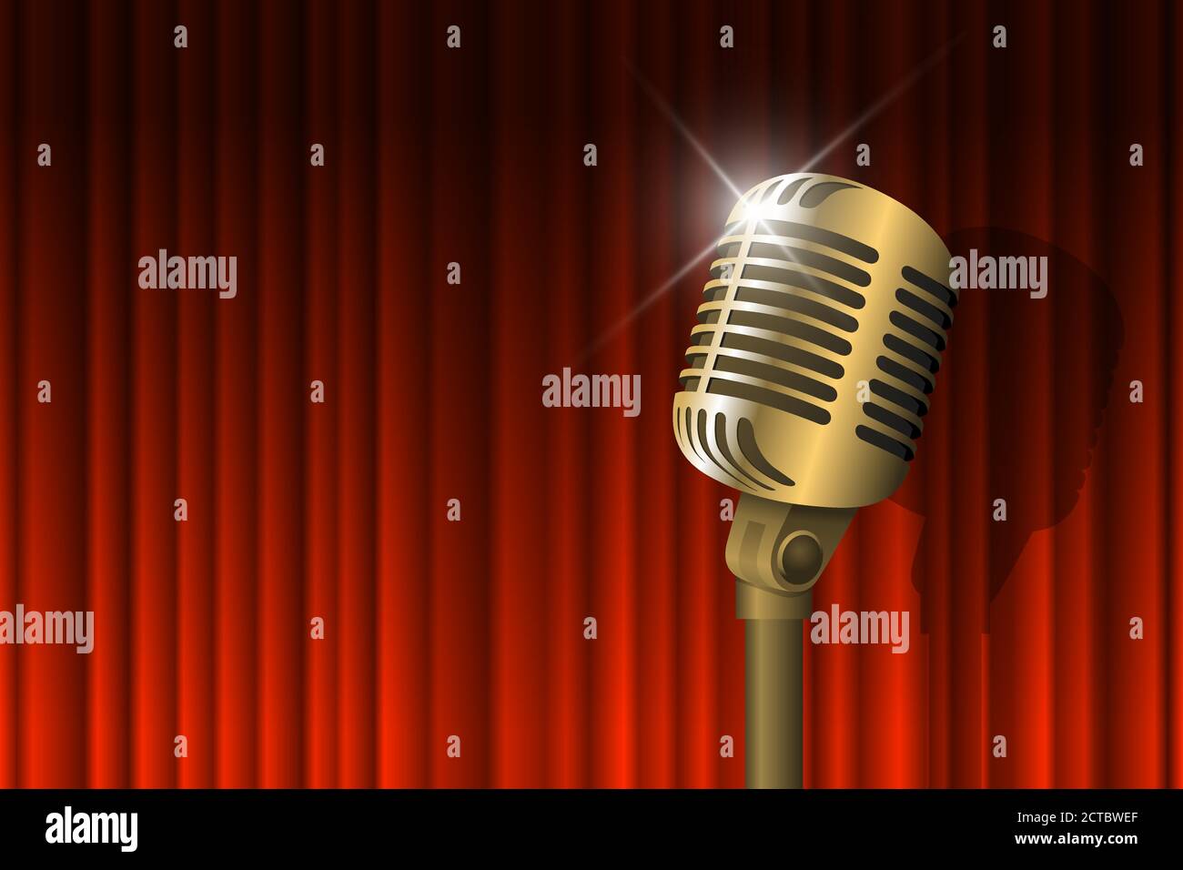 Microfono vintage dorato illuminato e sfondo rosso a tenda. Concetto di musica retrò. Microfono sul palcoscenico vuoto. Stand up spettacolo notturno commedia. Illustrazione grafica eps vettoriale del karaoke party Illustrazione Vettoriale