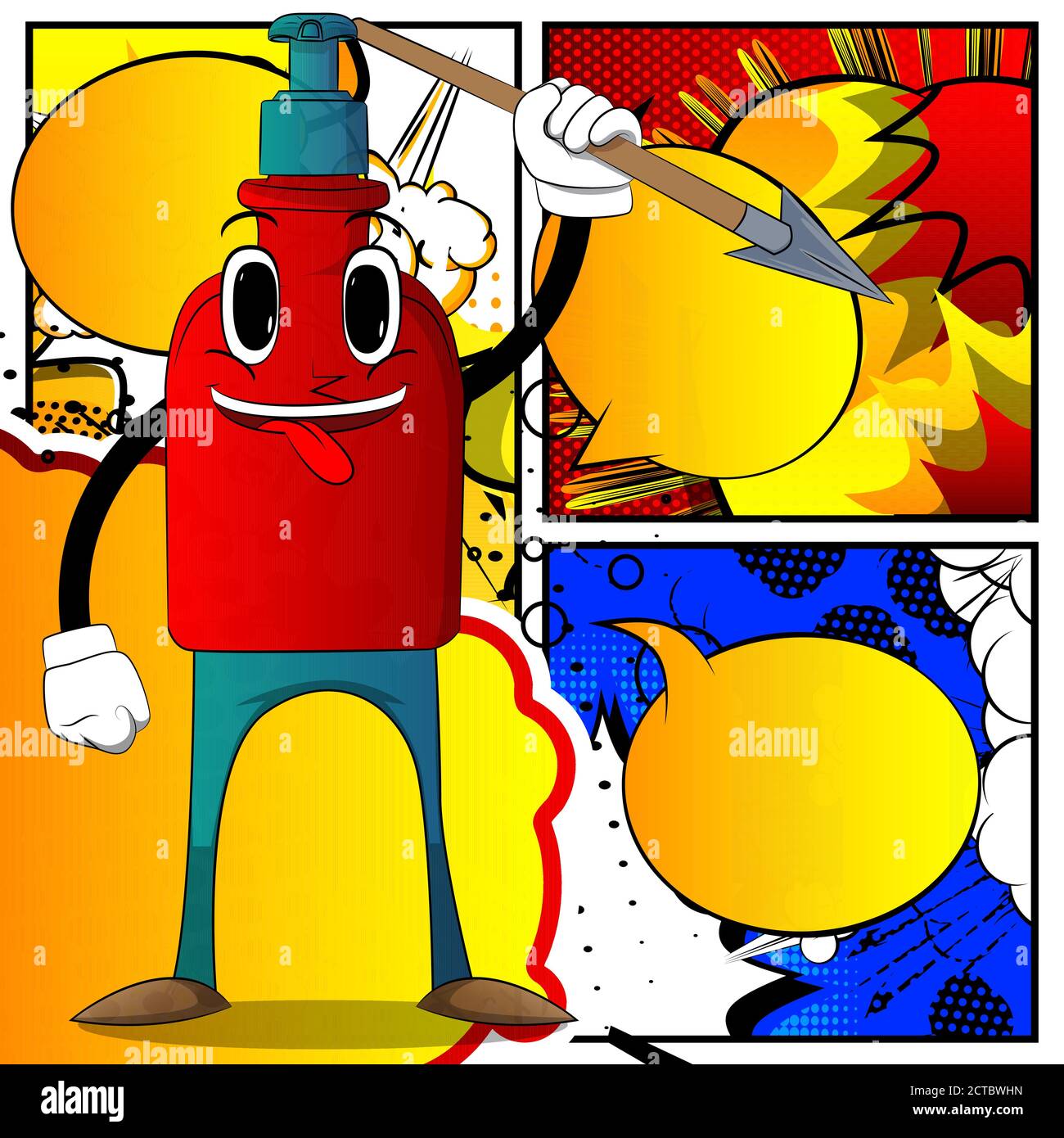 Bottiglietta cartoon di gel igienizzante per mani per l'igiene con lancia per il viso in mano. Illustrazione Vettoriale