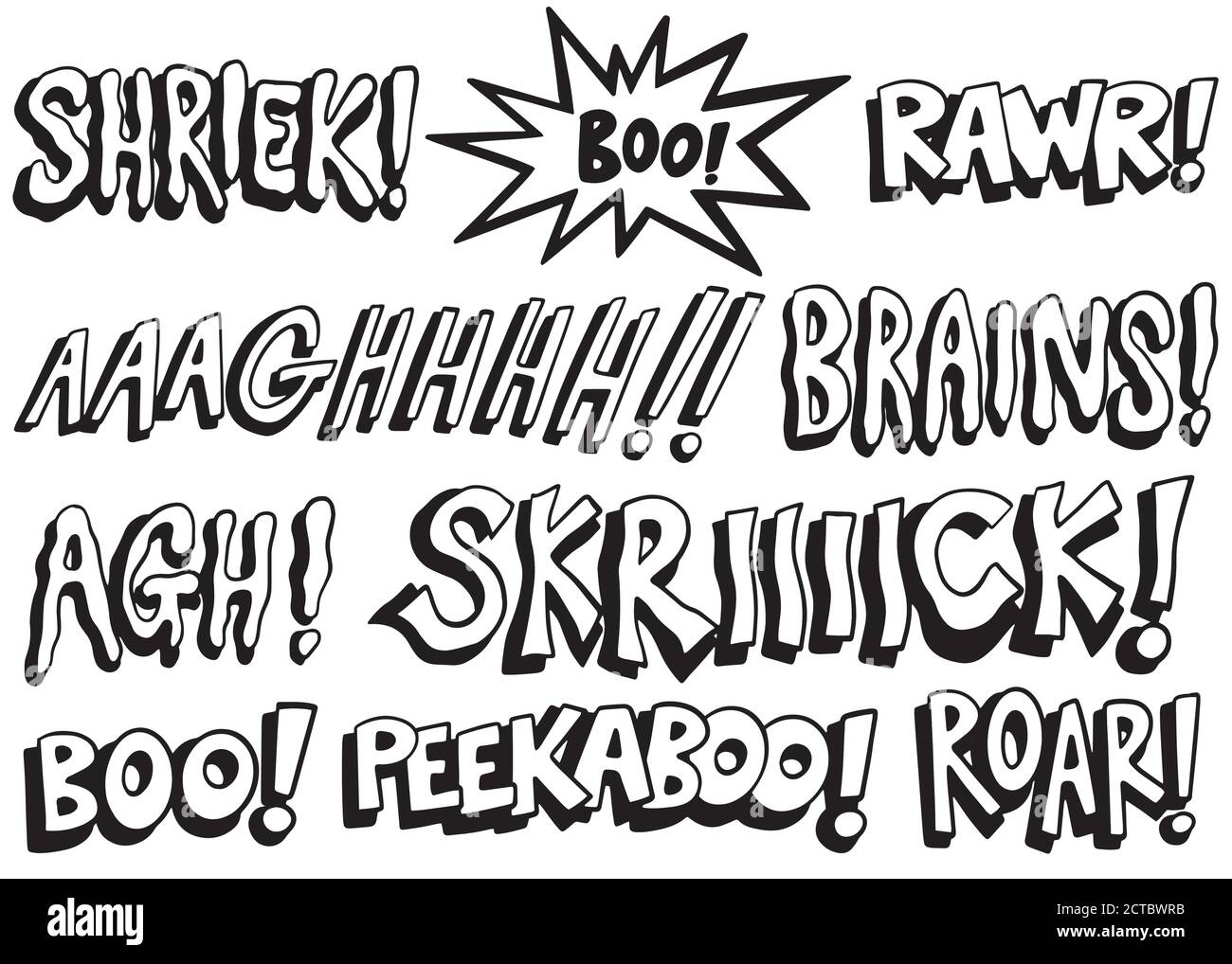 Set di parole spaventose. Collezione di parole di cartoni animati di Halloween spooky. Illustrazione vettoriale in bianco e nero disegnata a mano. Illustrazione Vettoriale