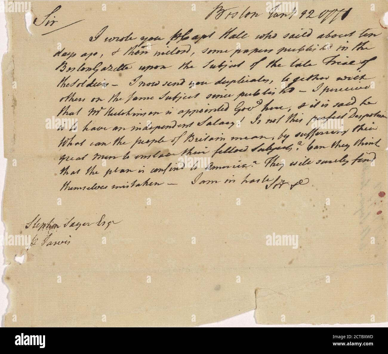 Lettera a Stephan Sayre, testo, corrispondenza, 1771, Adams, Samuel, 1722-1803 Foto Stock