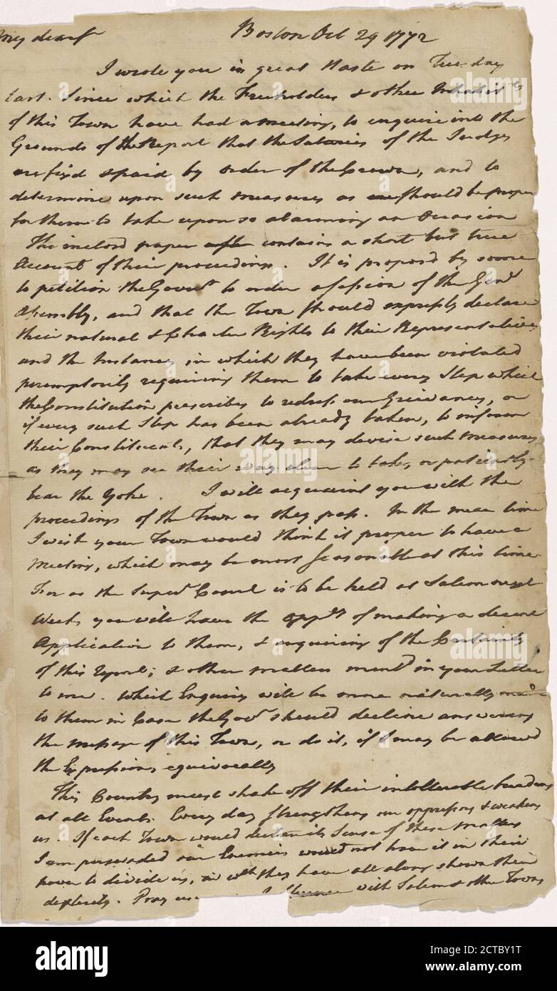 Lettera a Elbridge Gerry, testo, corrispondenza, 1772, Adams, Samuel, 1722-1803 Foto Stock