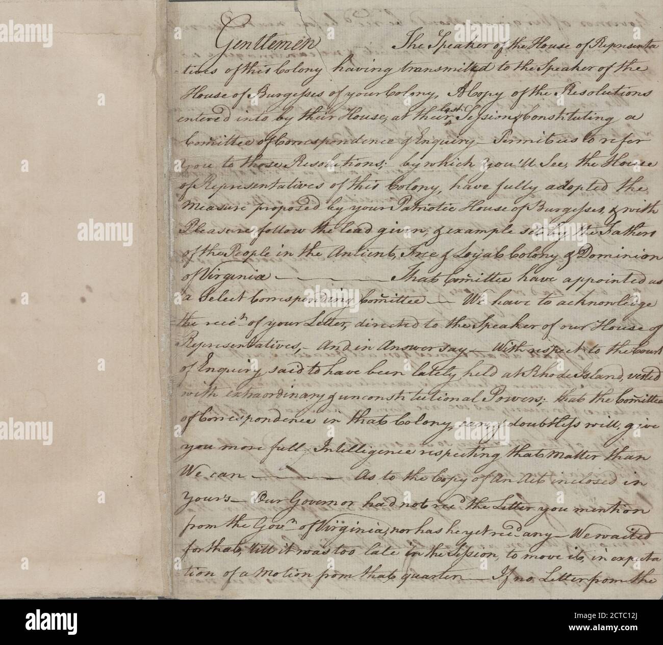 Lettera a Peyton Randolph e al Comitato di corrispondenza della Virginia, testo, documenti, 1773, Connecticut (Colonia). Comitato di corrispondenza Foto Stock