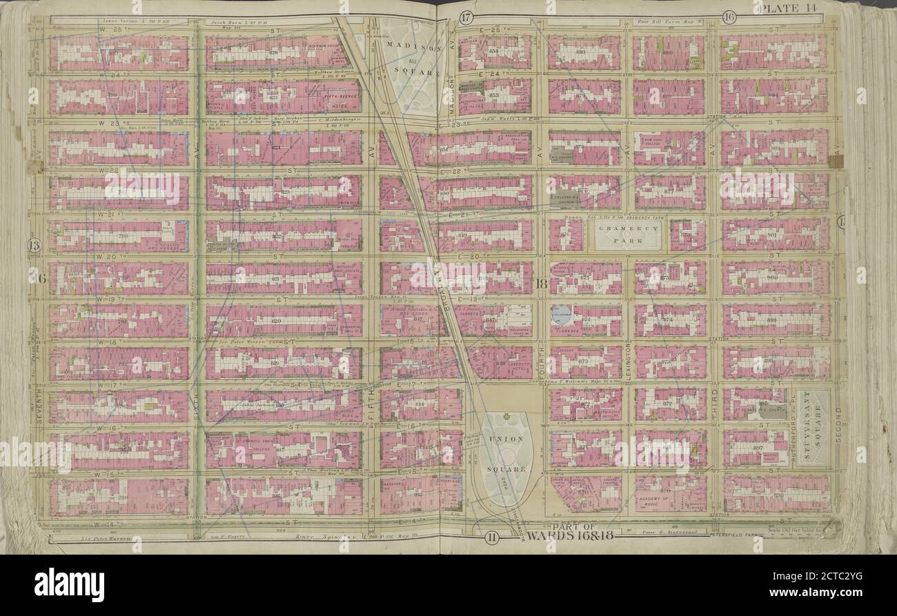 Plate 14 Mappa delimitata da W. 25th St., 2nd Ave., E. 14th St., 7th Ave., cartographic, Maps, 1891, Bromley, George Washington, Bromley, Walter Scott Foto Stock