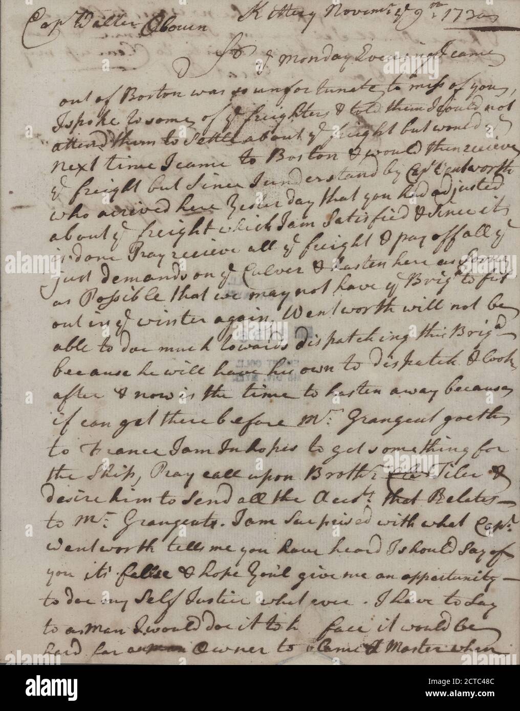 Lettera a Walter Obourn, testo, documenti, 1730, Pepperrell, William Foto Stock