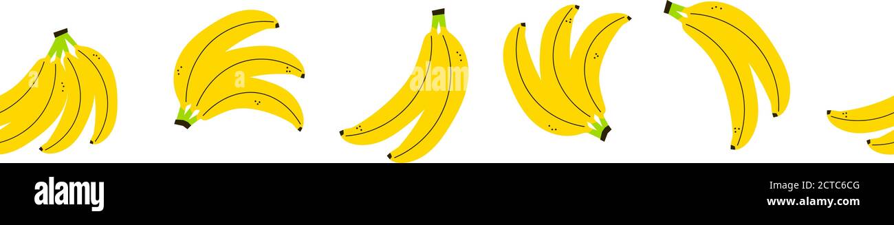 Confine positivo con frutta con mazzo di banane. Modello vettoriale senza giunture, ornamento senza fine in stile cartoon piatto. Modello di design tropicale. Set di banane Illustrazione Vettoriale