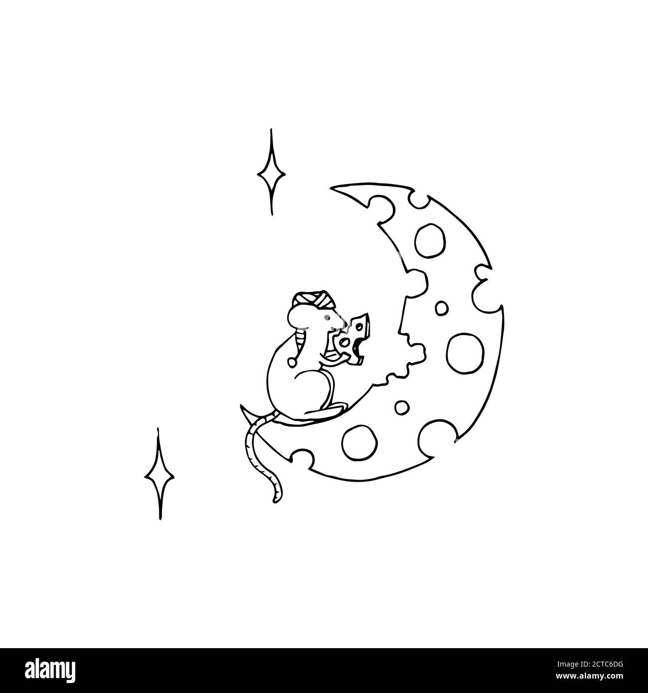 Immagine vettoriale di carino topo che mangia luna a forma di formaggio. Tatuaggio cartoon bianco e nero Illustrazione Vettoriale