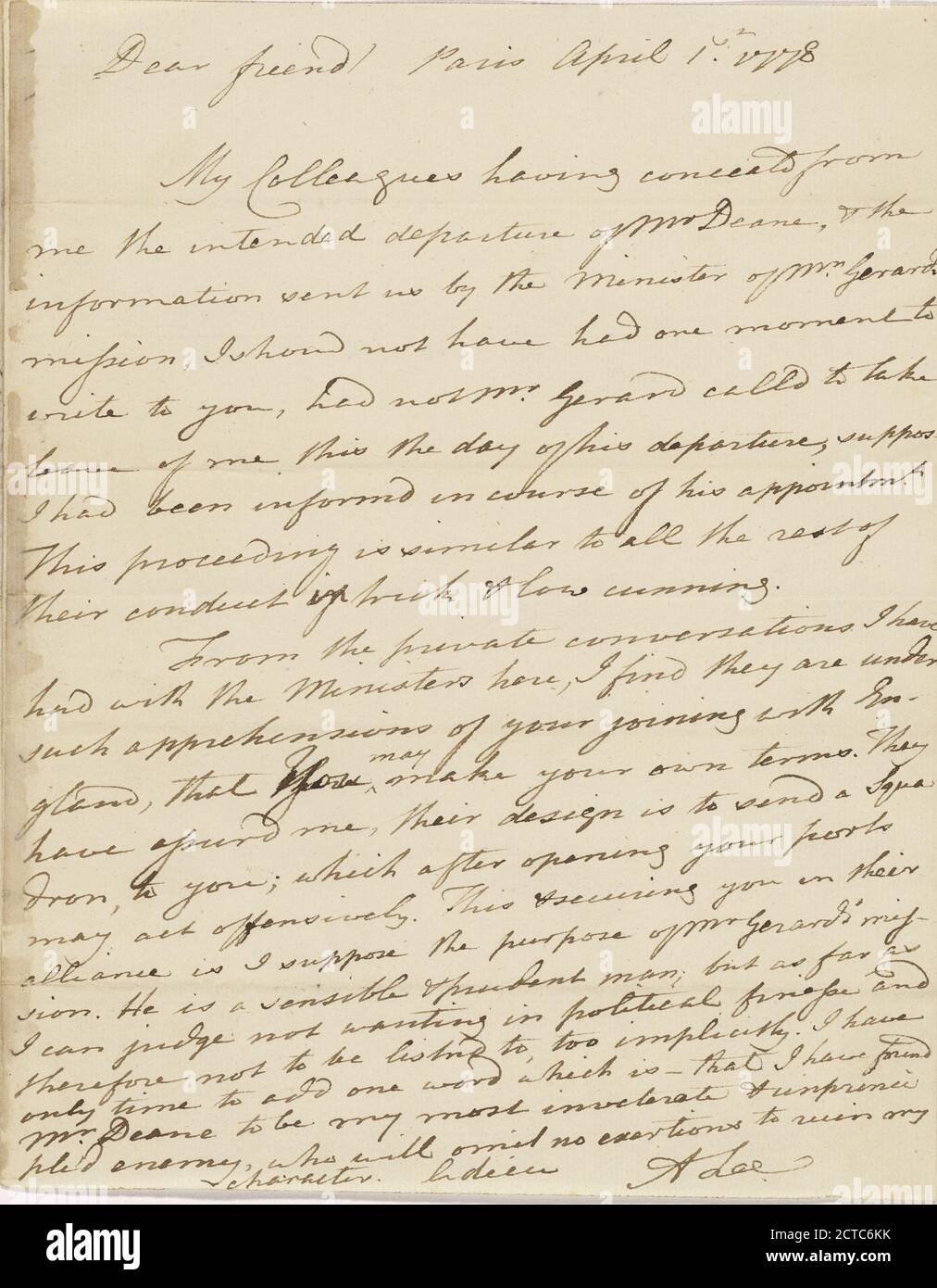 Lettera di Arthur Lee, testo, corrispondenza, 1778 Foto Stock