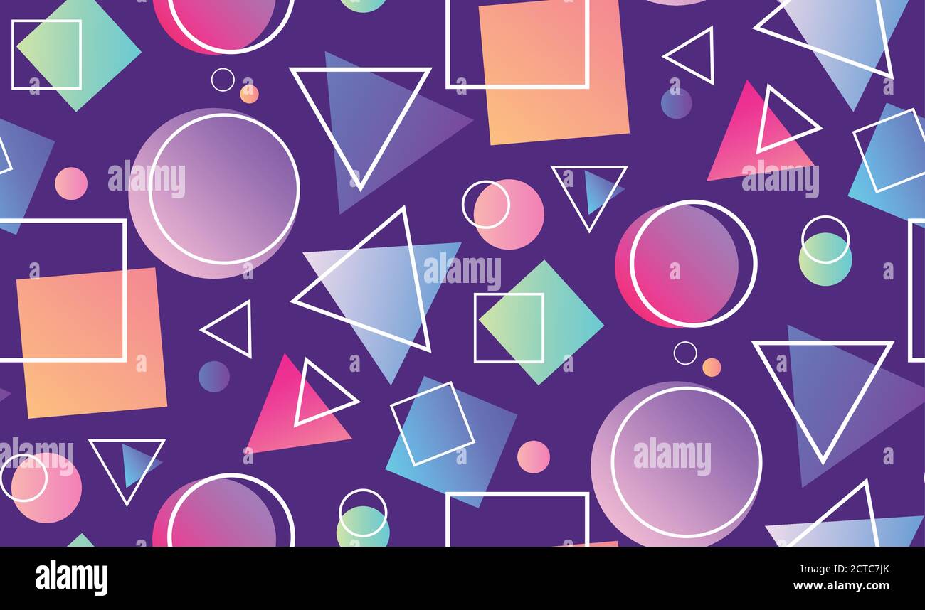 Motivo al neon senza cuciture nello stile memphis con forme geometriche su sfondo viola. Texture vettoriale per la tua creatività Illustrazione Vettoriale