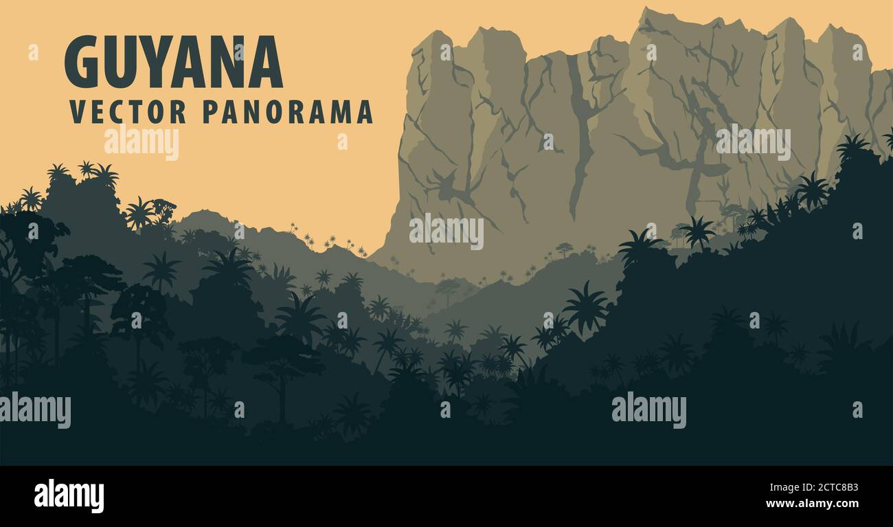 Panorama vettoriale con Foresta pluviale della giungla e Tepui - Guyana, Sud America Illustrazione Vettoriale