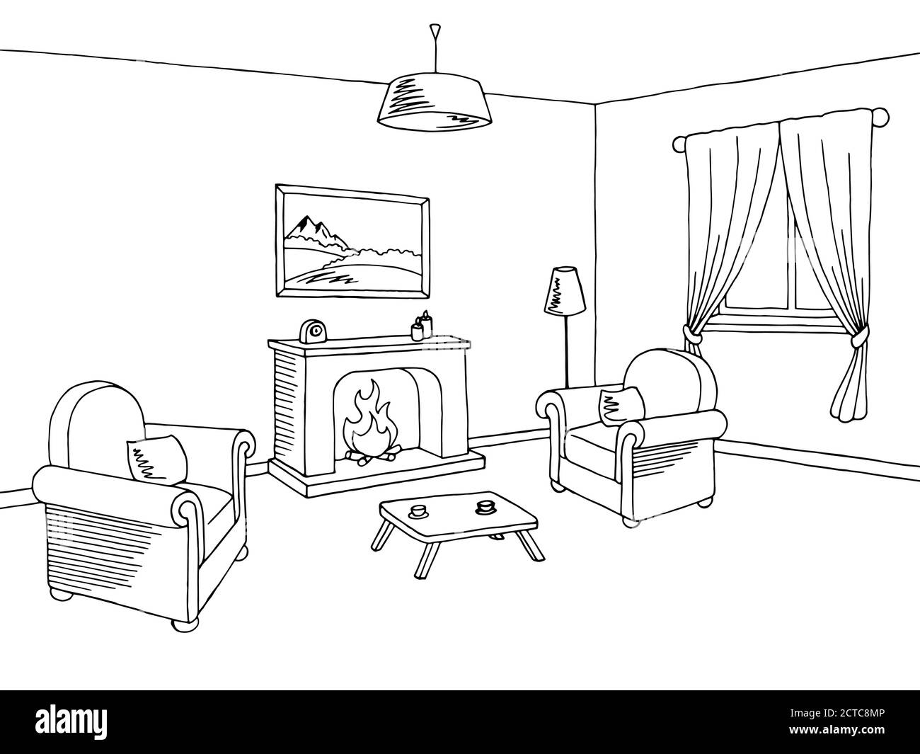 Camino interno soggiorno grafica art bianco nero illustrazione schizzo vettore Illustrazione Vettoriale