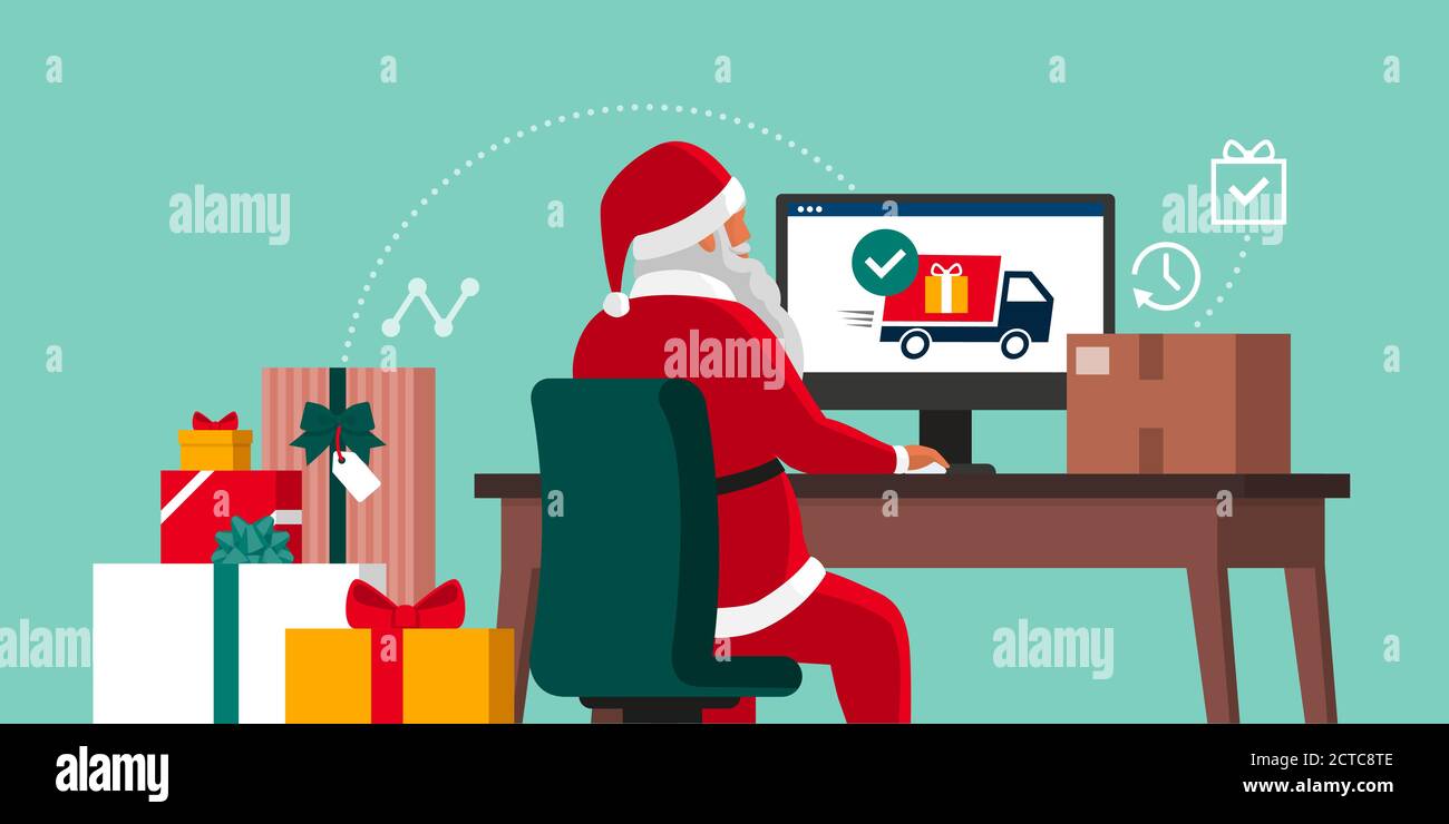 Santa che consegna i regali di Natale in linea usando un servizio di consegna, è seduto alla scrivania e collegato con il suo calcolatore Illustrazione Vettoriale