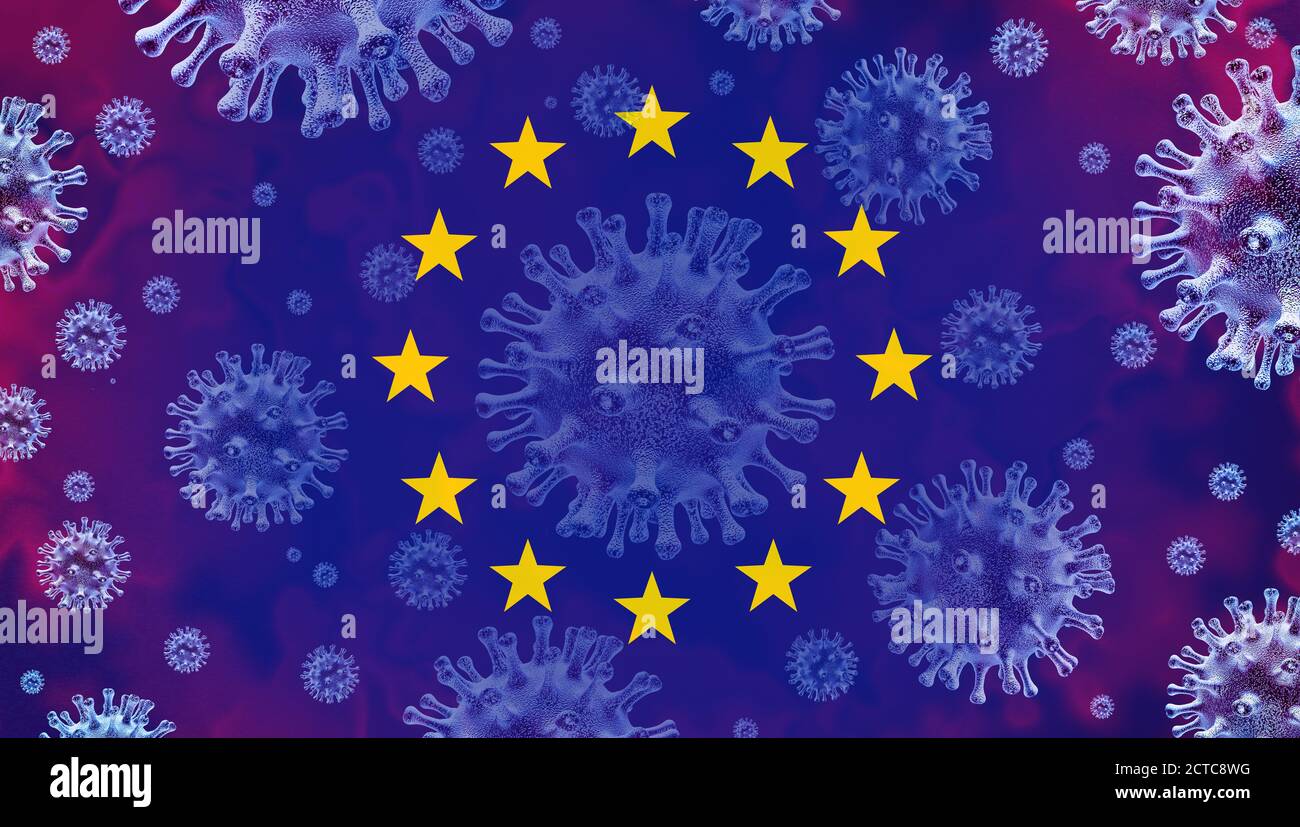 L'epidemia di coronavirus dell'Unione europea e la sua COVID-19 e la diffusione dell'influenza come influenza europea pericolosa come concetto di rischio sanitario pandemico o epidemico. Foto Stock