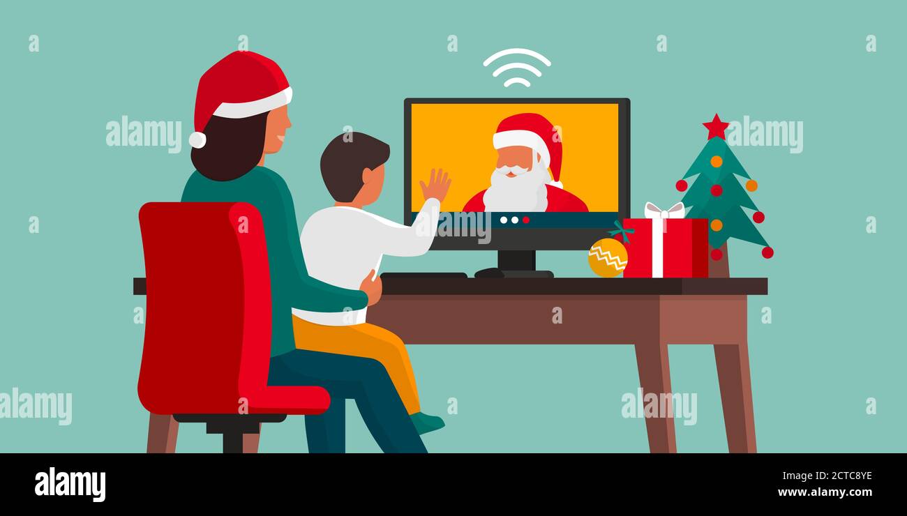 Felice bambino che videoalling Babbo Natale con sua madre a casa, Natale e sociale di distanziamento concetto Illustrazione Vettoriale