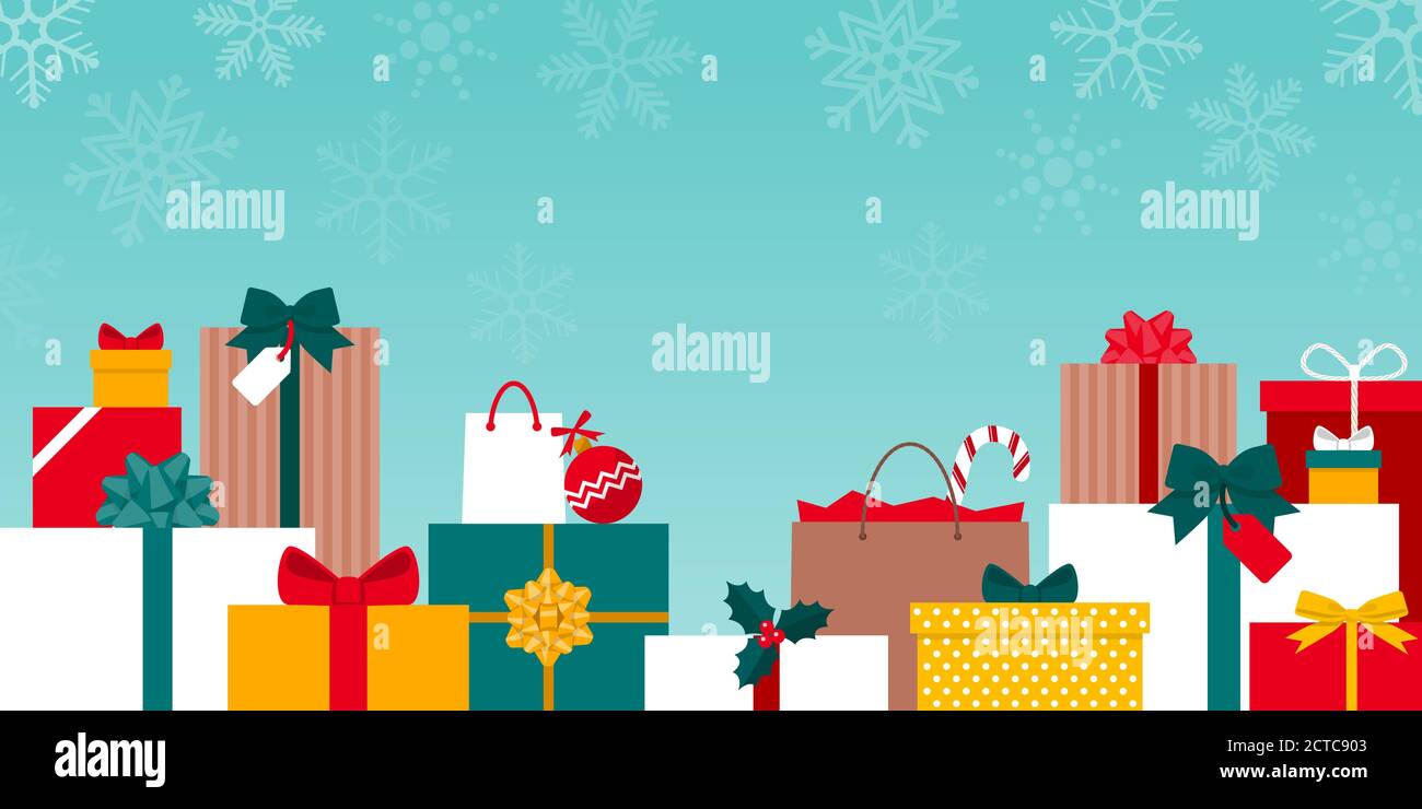 Molti regali di Natale colorati sotto la neve: Vacanze e concetto di shopping di natale Illustrazione Vettoriale