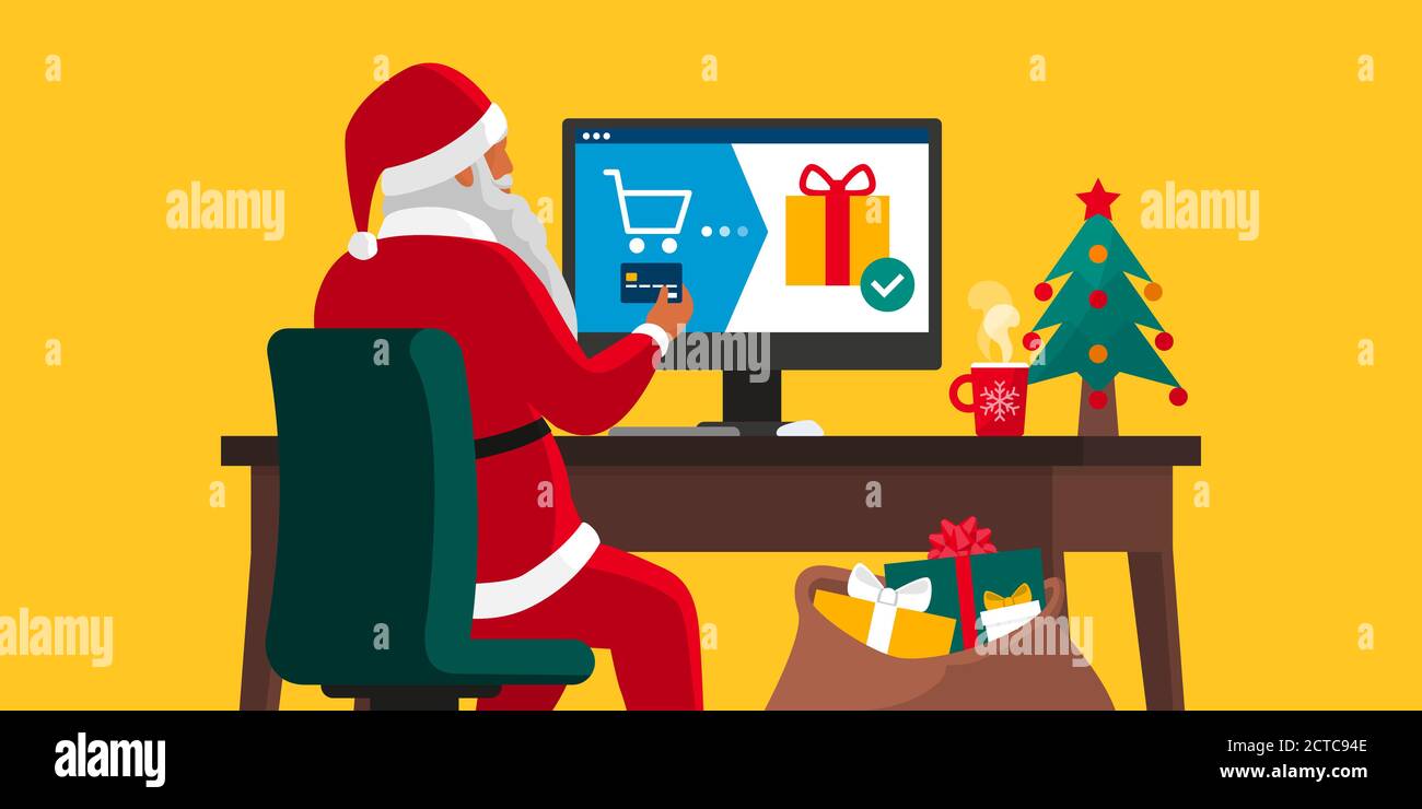 Babbo Natale ordinare i regali in linea usando una carta di credito, concetto in linea di acquisto di Natale Illustrazione Vettoriale