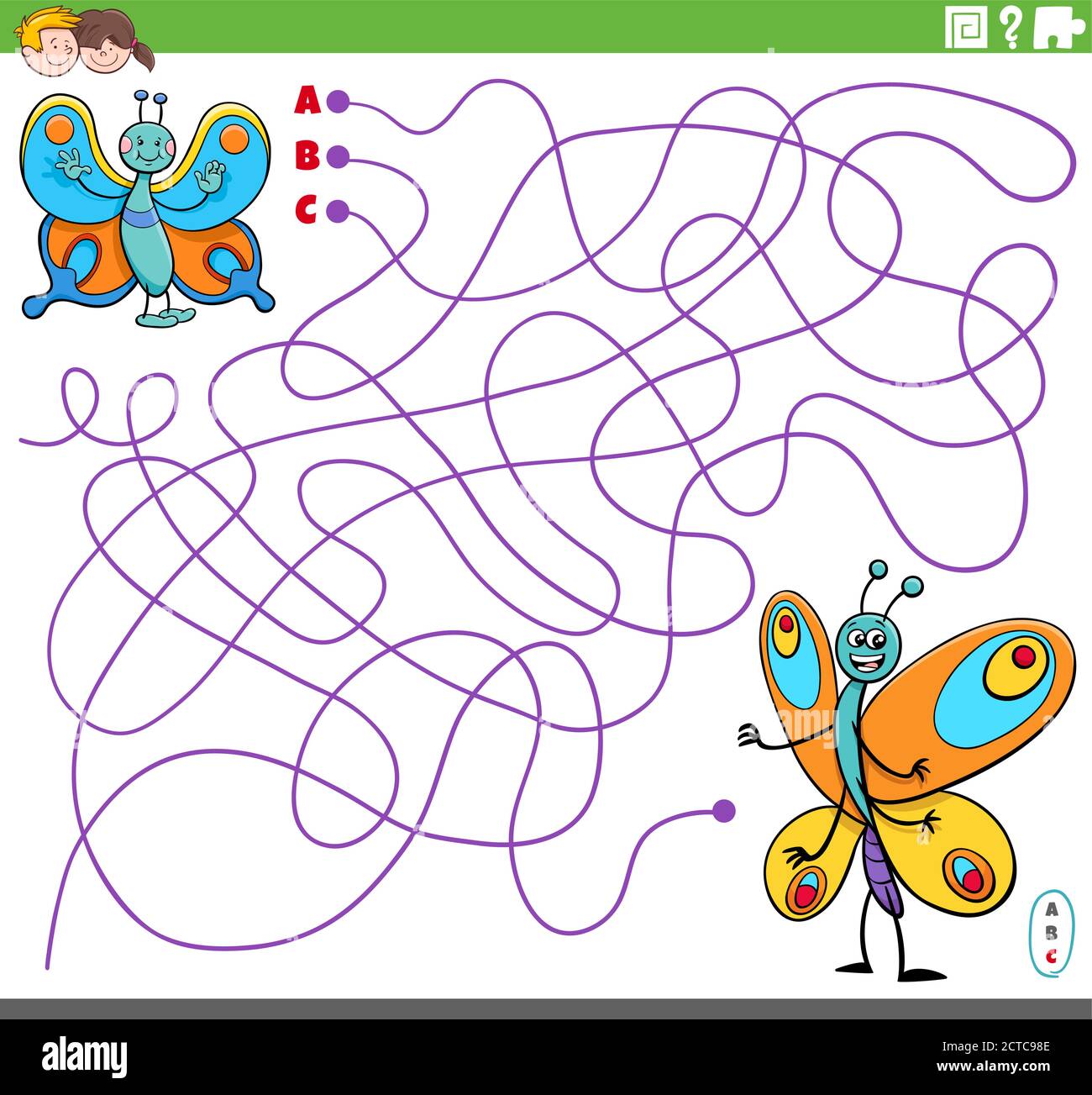 Cartoon Illustrazione di linee gioco Puzzle labirinto con personaggi Butterfly Illustrazione Vettoriale