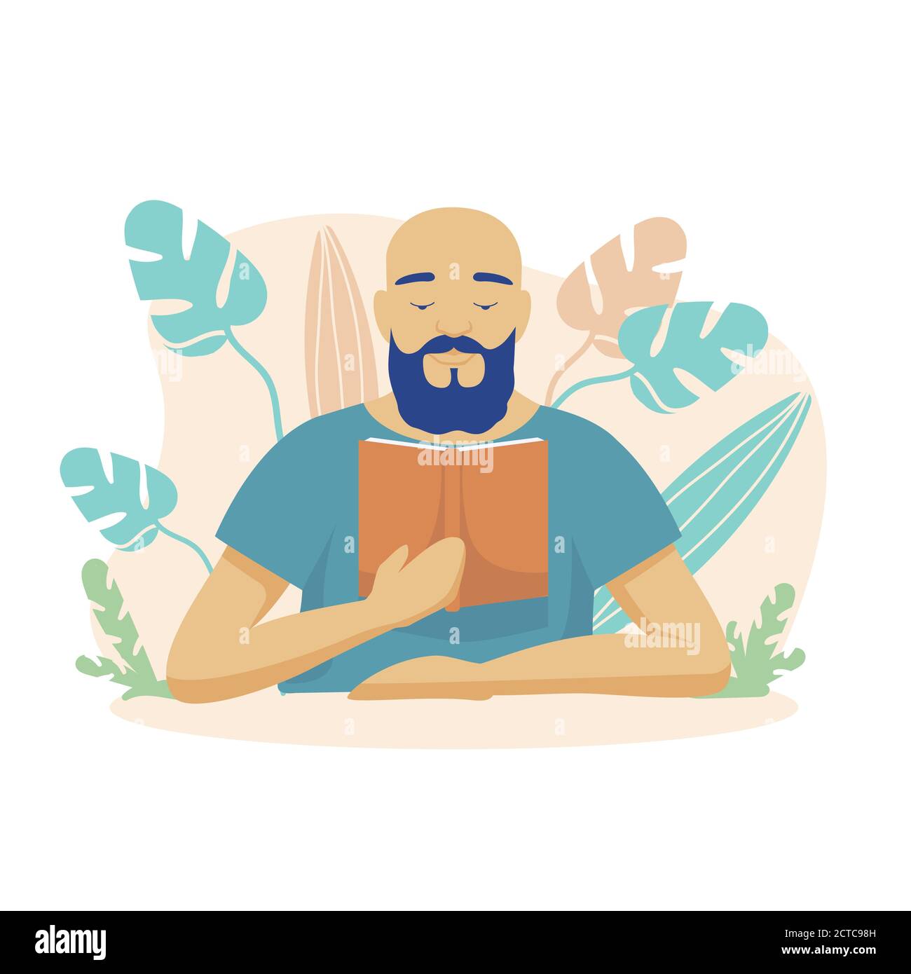 Il carattere maschile sta leggendo un libro. L'uomo calvo bearded guarda attraverso la fantascienza in biblioteca con interesse. Illustrazione Vettoriale