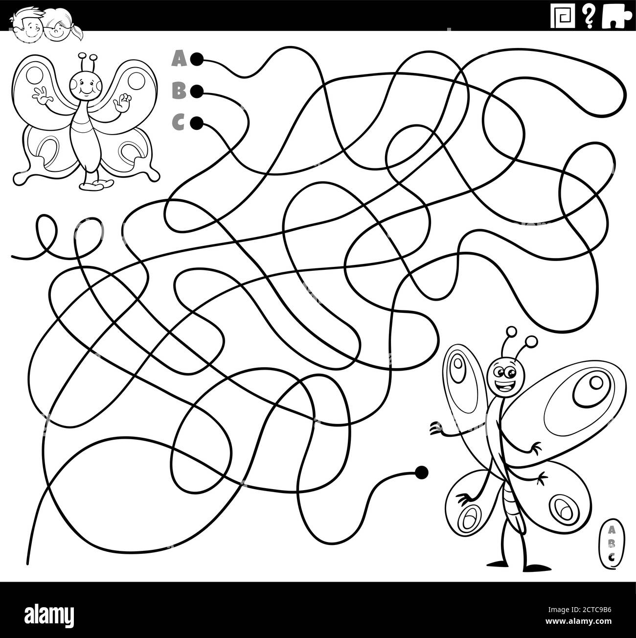 Cartoon bianco e nero Illustrazione di linee gioco Puzzle labirinto Con la pagina Libro da colorare dei personaggi Butterfly Illustrazione Vettoriale