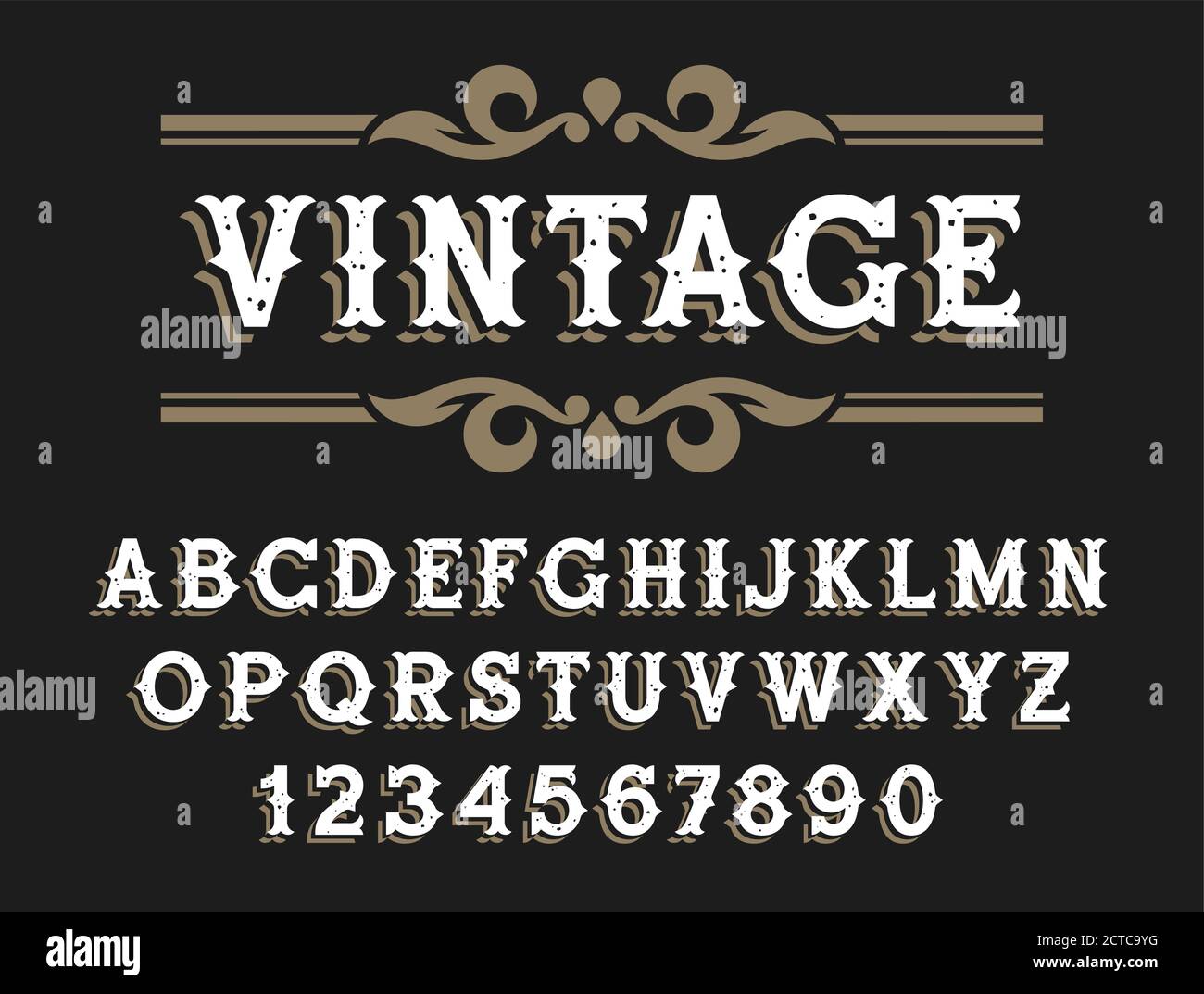 Carattere vintage in stile Wild West. Carattere in stile oldstyle fatto a mano con texture grunge per cartelli, etichette e poster Illustrazione Vettoriale