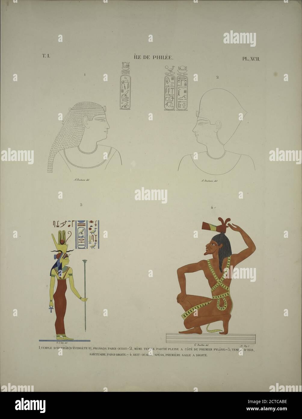 Île de Philée Philae. 1. Tempio d'Hathôr (d'Évergète II), pronaos, paroi ouest; 2. Même tempio, partie pleine, à côté du Premier pylône; 3. Tempio d'Iside, santuaire, paroi droite; 4. Beit-Oualli Beit el-Wali, spéos, première salle à droite., still image, Prints, 1835 - 1845, Champollion, Jean François (1790-1832 Foto Stock