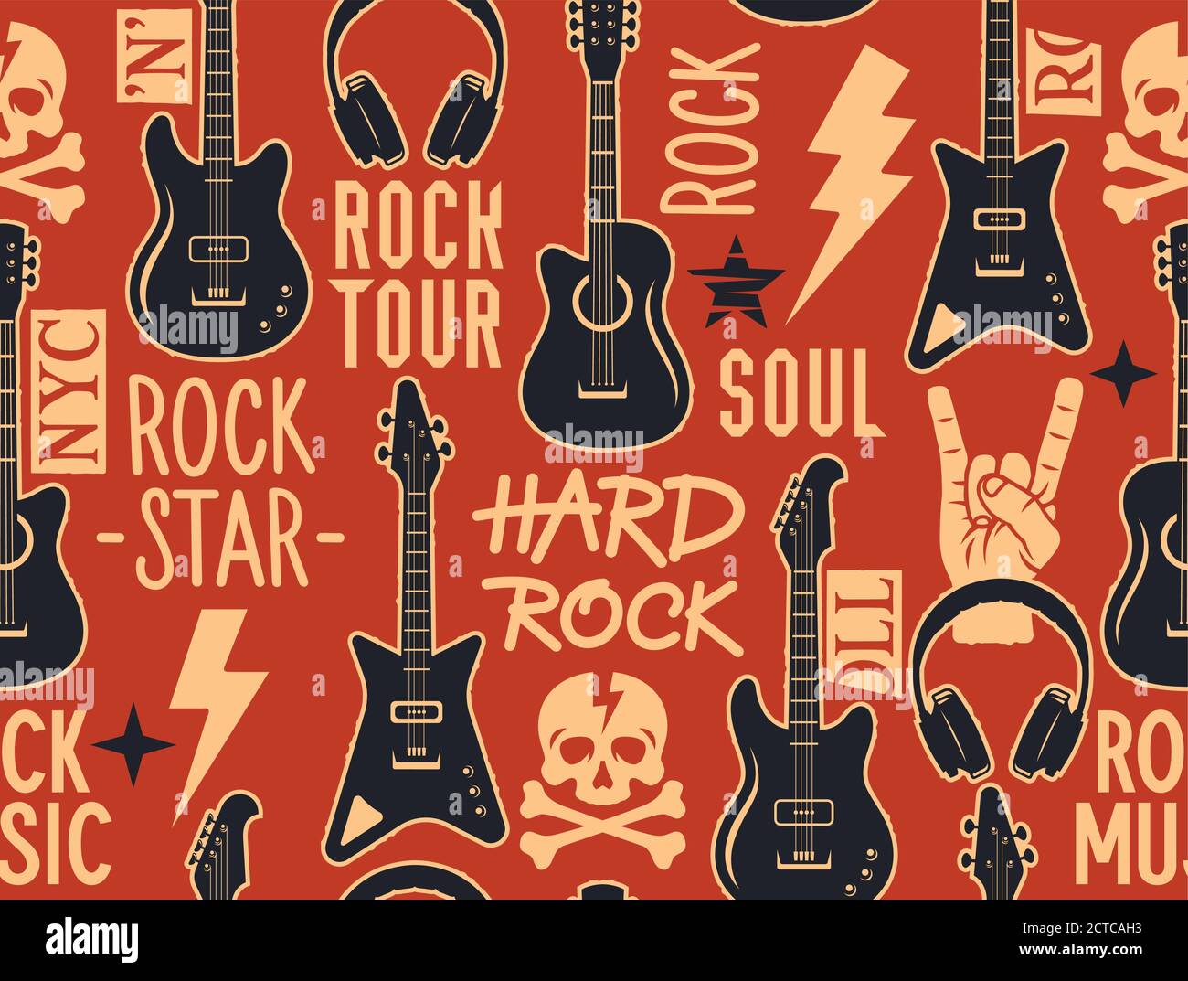 Musical trendy senza cuciture con chitarre, cranio e crossbone e altri simboli di musica rock. Musica rock senza interruzioni Illustrazione Vettoriale