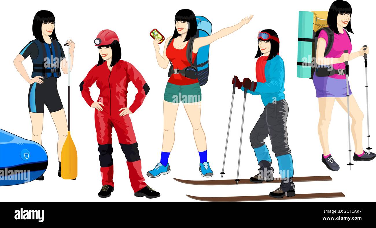 vettore insieme di ragazza di viaggio: escursionista, caver, rafter e sciatore Illustrazione Vettoriale