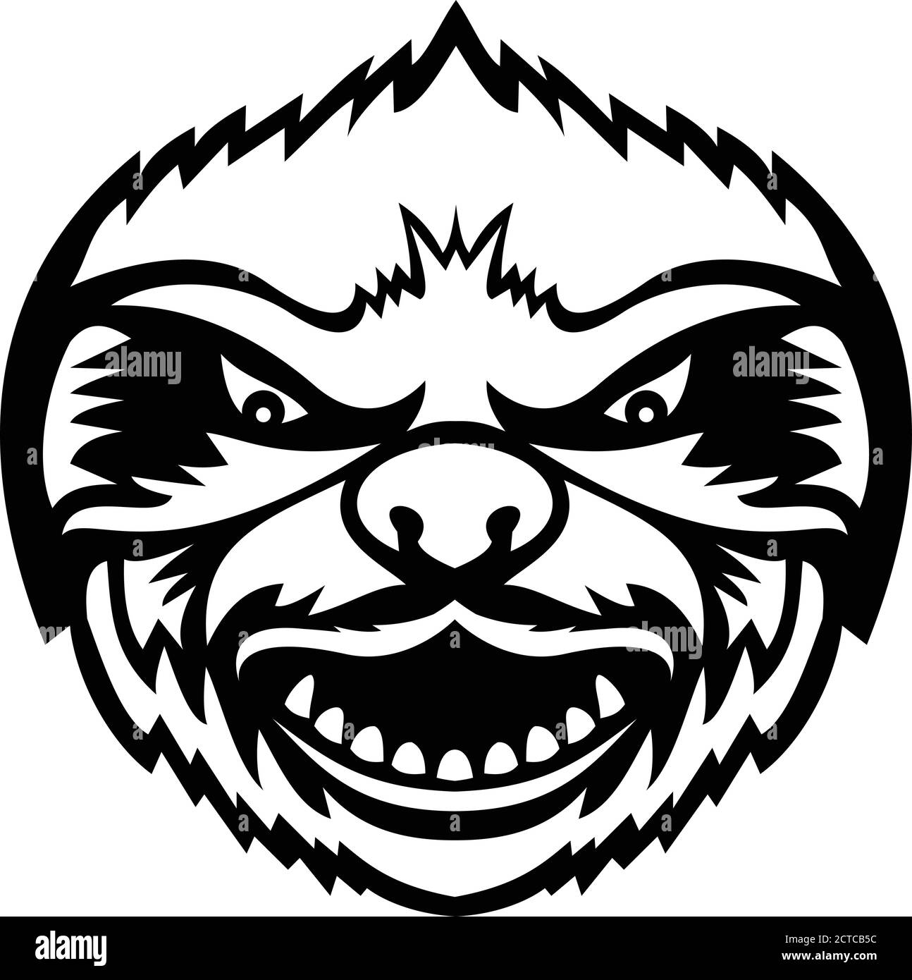 Mascot nero e bianco illustrazione della testa di un arrabbiato Sloth, un mammifero arboreo nelle foreste pluviali tropicali del Sud America e dell'America Centrale vie Illustrazione Vettoriale