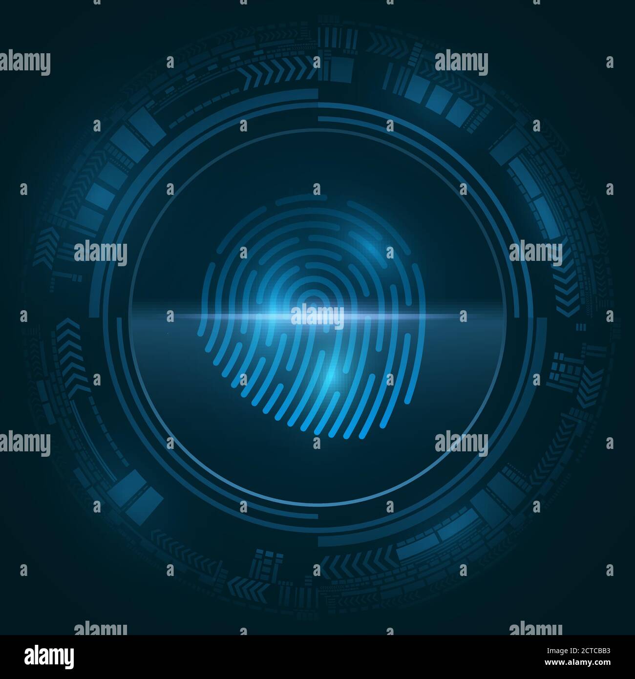 Impronte digitali high-tech per la sicurezza del sistema informatico con elementi di interfaccia HUD. Ricerca lucchetto. Cerchio cibernetico blu astratto. Illustrazione vettoriale. EPS Illustrazione Vettoriale