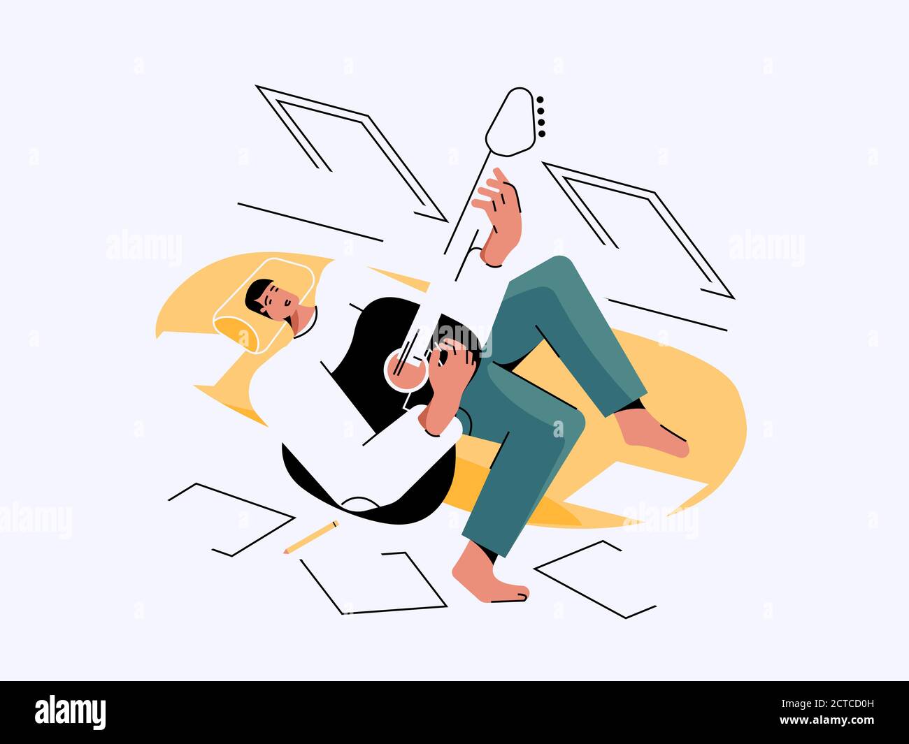 Chitarrista nella sua stanza che suona un'illustrazione minimalista della chitarra acustica. Design di carattere. Foto Stock