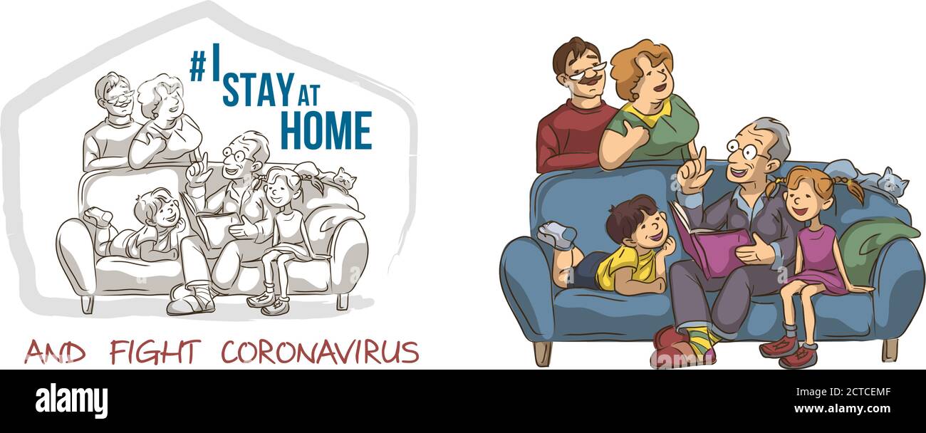 Poster motivazionale sull'epidemia di coronavirus. La famiglia di genitori, figli, nonni, animali rimangono calmi e stare a casa per fermare la diffusione di Illustrazione Vettoriale