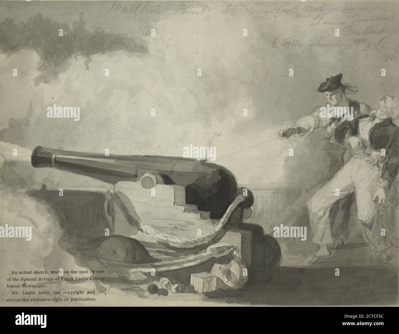 Mathais Point. Morte di Capt. Ward a bordo della gunboat Thomas Freeborn. 18:00 giovedì 27 giugno 1861, immagine fissa, schizzi, 1861 - 1864, Lumley, Arthur (ca. 1837-1912 Foto Stock