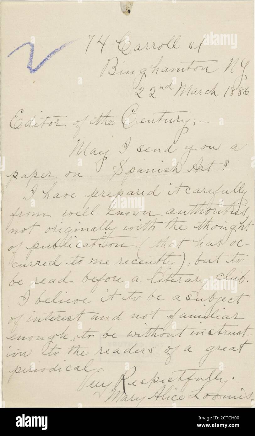 Loomis, Mary Alice, testo, corrispondenza, 1886 Foto Stock