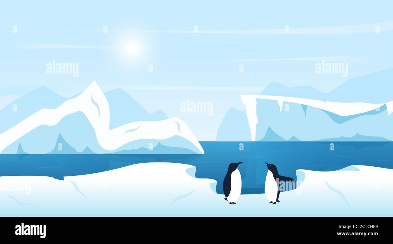 Bellissimo paesaggio artico o antartico con iceberg e pinguini. Freddo clima nord ghiaccio inverno sfondo panoramico Illustrazione Vettoriale