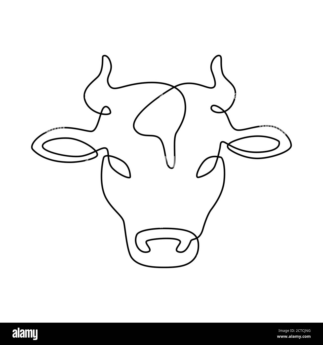 Linea testa vacca. Logo dell'azienda agricola di carne di latte e manzo, etichetta del prodotto lattiero-caseario. Vettore bovino a linea continua isolato su emblema bianco. Animali da allevamento o Illustrazione Vettoriale