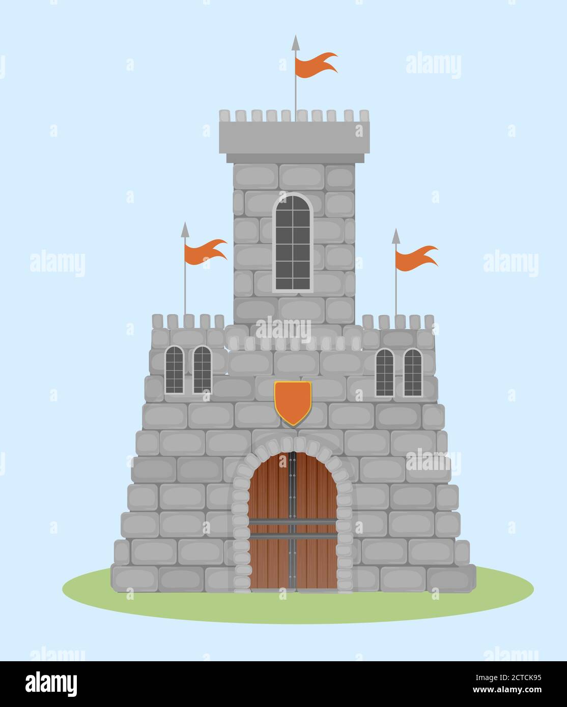 Illustrazione medievale della cittadella orologio. Potenti pareti in pietra con scappatoie e scudo arancione sopra l'ingresso. Illustrazione Vettoriale