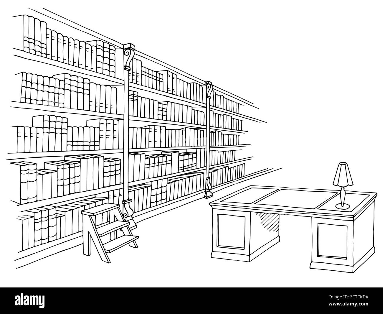 Vettore grafico di illustrazione dello schizzo interno della sala libreria in bianco nero Illustrazione Vettoriale