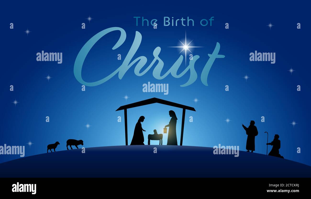 Tempo di Natale. Presepe con Maria, Giuseppe, Gesù bambino, pastori e tre re. Illustrazione Vettoriale