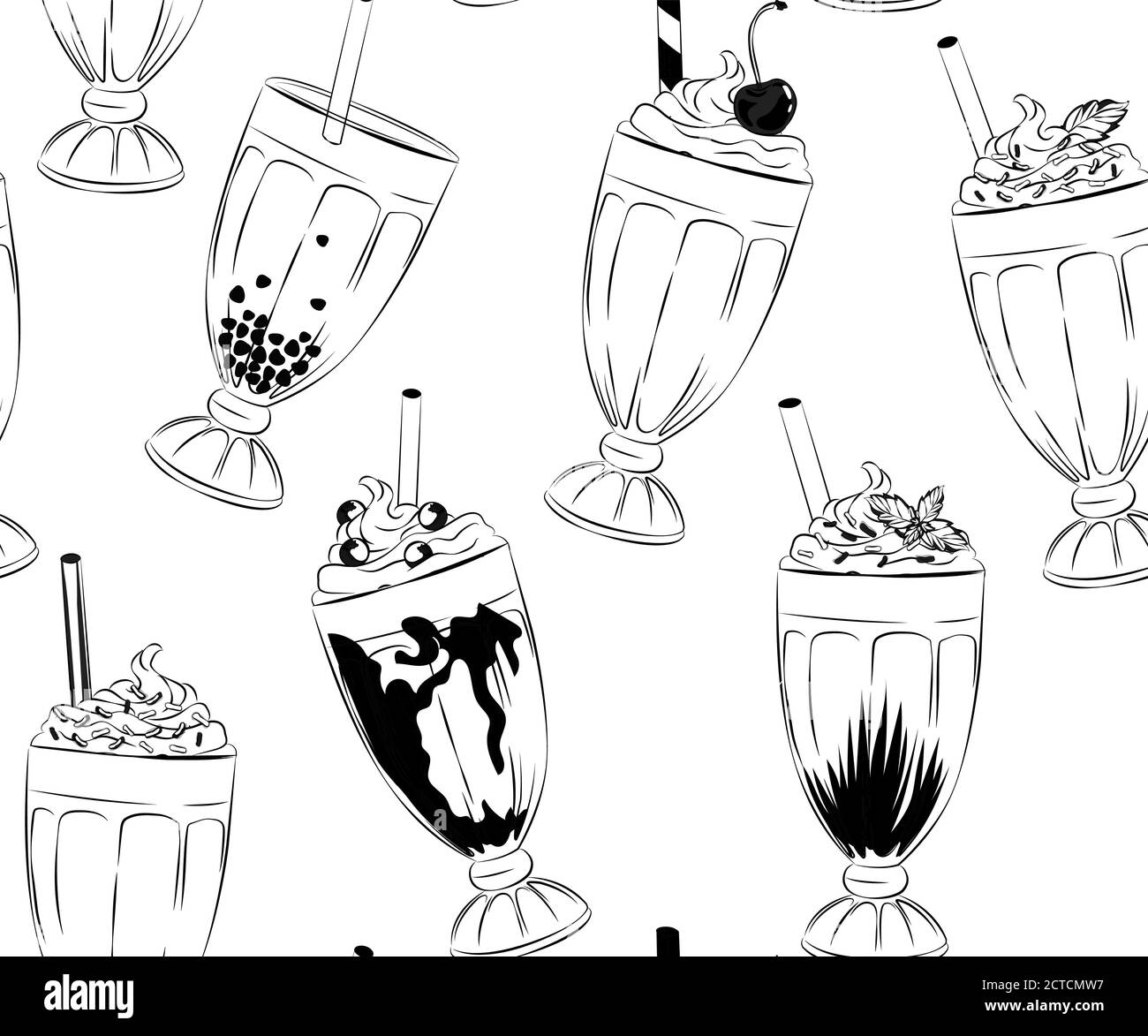 modello senza cuciture di dolci e gustosi milkshakes, panna montata e farcitura, bolla pubblicità tè con gustosa tapioca e perle modello grafico menu Illustrazione Vettoriale